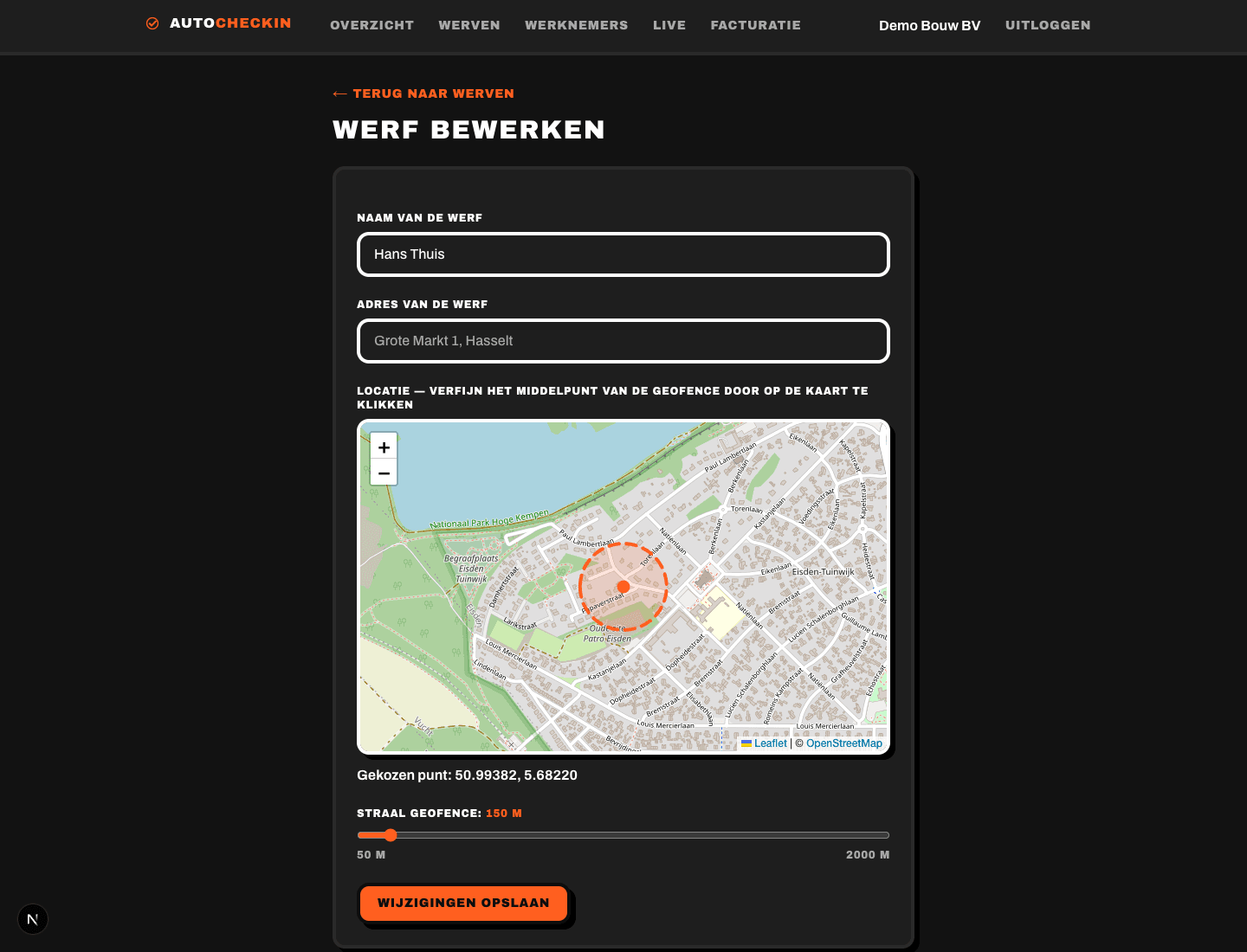 Werf aanmaken in AutoCheckIn — adres ingeven en werfzone op de kaart instellen